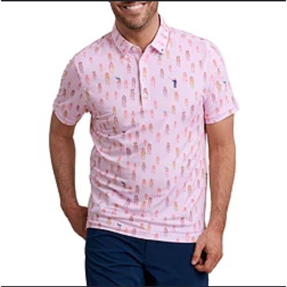 William Murray Golf Polo Shirt Mens large Pink Horse Racing And They're Off - Picture 1 of 6